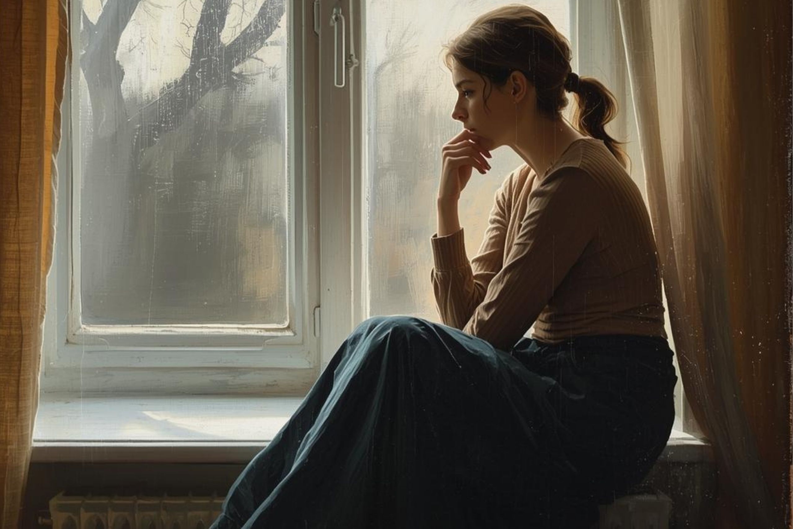 Frau sitzt ruhig am Fenster und hält inne – Symbol für echten Stressabbau und innere Neuorientierung